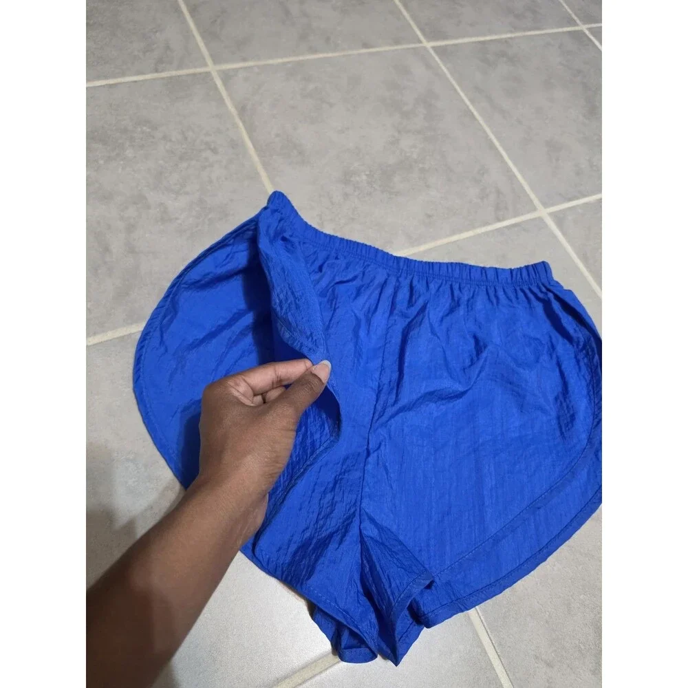 Vintage 90s Body Wrappers 100% Nylon Shiny Blue Split Running Shorts Size Large
